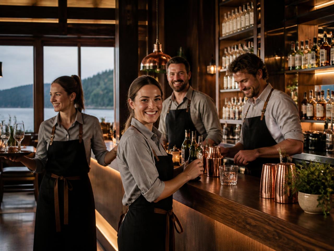 Smiling servers and bartender behind the Driftwood bar